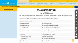 call centre services - Canara Bank