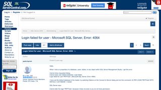 Login failed for user - Microsoft SQL Server, Error: 4064 - SQL ...