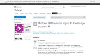 Outlook 2010 cannot logon to Exchange account - Microsoft