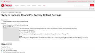System Manager ID and PIN Factory Default Settings - Canon ...