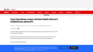 Cara Operations, owner of Swiss Chalet, Harvey's & Milestones, plans ...