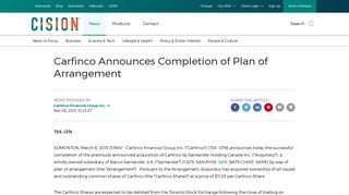 Carfinco Announces Completion of Plan of Arrangement