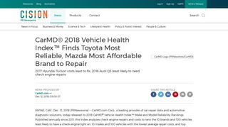 CarMD® 2018 Vehicle Health Index™ Finds Toyota Most Reliable ...