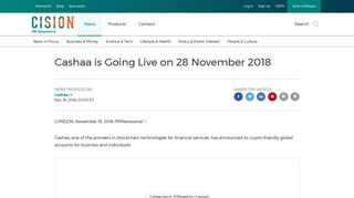 Cashaa is Going Live on 28 November 2018 - PR Newswire