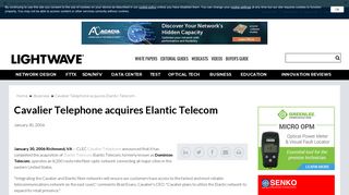 Cavalier Telephone acquires Elantic Telecom - Lightwave