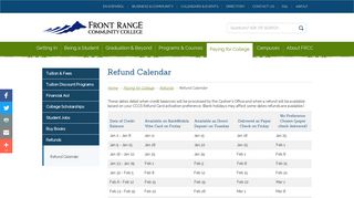 Refund Calendar | FRCC - Front Range Community College