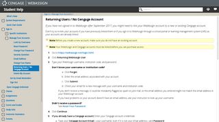 Returning Users / No Cengage Account - WebAssign