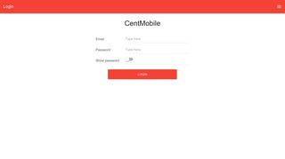 Login menu CentMobile Email Password Show password Login