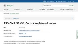 950 CMR 58.00: Central registry of voters | Mass.gov