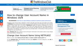 How to change User Account Name in Windows 10/8