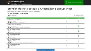 Bronson Rocket Football & Cheerleading signup sheet