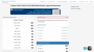 Linksys CISCO VALET PLUS RB Default Router Login and Password