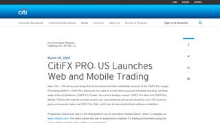 CitiFX PRO(SM) US Launches Web and Mobile Trading - Citigroup