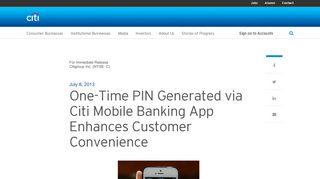 One-Time PIN Generated via Citi Mobile Banking App Enhances ...