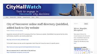 City of Vancouver online staff directory, Quickfind, added back to City ...