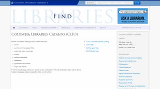Columbia Libraries Catalog (CLIO) | Columbia University Libraries
