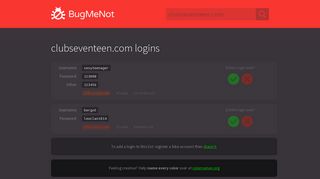 clubseventeen.com passwords - BugMeNot