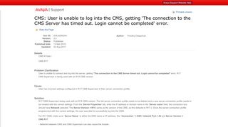 CMS: User is unable to log into the CMS, getting 'The connection to ...