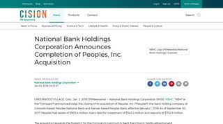 National Bank Holdings Corporation Announces Completion of ...