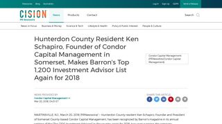 Hunterdon County Resident Ken Schapiro, Founder of Condor Capital ...
