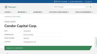 Condor Capital Corp. | Mass.gov