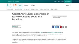 Copart Announces Expansion of Its New Orleans, Louisiana Location