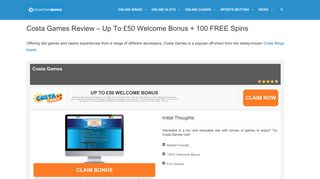 Costa Games Review - £50 Welcome Bonus For January 2019