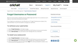 Forgot Username or Password | Manage My Account | Cricket