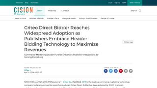 Criteo Direct Bidder Reaches Widespread Adoption as Publishers ...