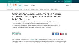 Grainger Announces Agreement To Acquire Cromwell, The Largest ...