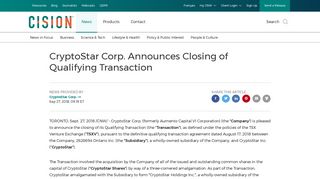 CryptoStar Corp. Announces Closing of Qualifying Transaction