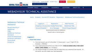 WebAdvisor Technical Assistance - Central Texas College