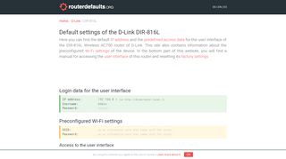 Default settings of the D-Link DIR-816L - routerdefaults.org