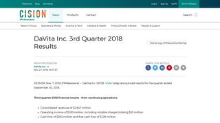DaVita Inc. 3rd Quarter 2018 Results - PR Newswire