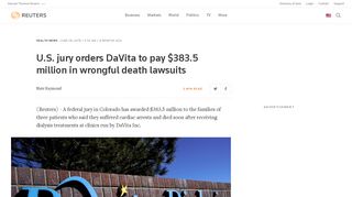 U.S. jury orders DaVita to pay $383.5 million in wrongful death ...