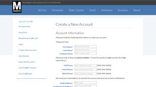 Create a New Account - SmarTrip - WMATA