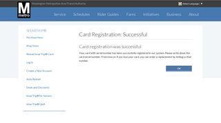 Card Registration: Successful - SmarTrip - WMATA