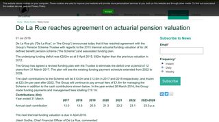 De La Rue reaches agreement on actuarial pension valuation