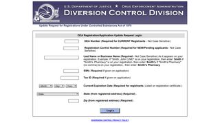 Registration Update Request - Login Screen - DEA Diversion Control