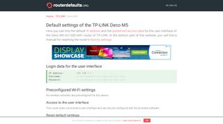 Default settings of the TP-LINK Deco M5 - routerdefaults.org