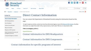 Direct Contact Information | Homeland Security