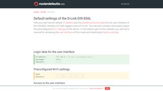 Default settings of the D-Link DIR-850L - routerdefaults.org