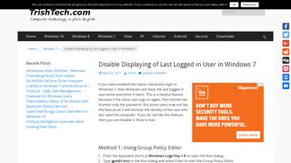Disable Displaying of Last Logged in User in Windows 7