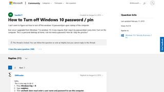 How to Turn off Windows 10 password / pin - Microsoft Community