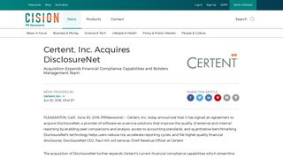 Certent, Inc. Acquires DisclosureNet - PR Newswire