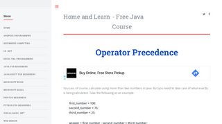 java for complete beginners - operator precendence - Home and Learn