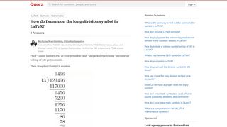 How to summon the long division symbol in LaTeX - Quora