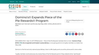 Domino's® Expands Piece of the Pie Rewards® Program - PR Newswire