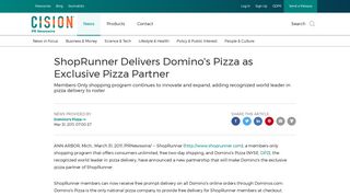 ShopRunner Delivers Domino's Pizza as Exclusive Pizza Partner