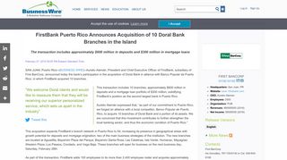 FirstBank Puerto Rico Announces Acquisition of 10 Doral Bank ...